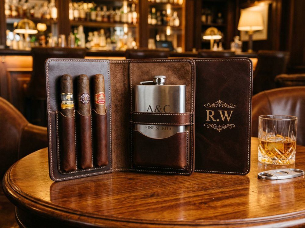 Artisan Monogrammed Leather Cigar & Flask Folio